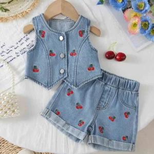 Girls Cherry Embroidery Vest Waistcoat and High Waist Loose Denim Shorts Two Piece Set for Baby Girls Casual Daily Wear