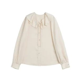 Girls’ Chic Long Sleeve Blouses Shirts Tops Camisas De Mujer Temperament Champagne Color Ruffles Doll Collar Shirt for Ladies