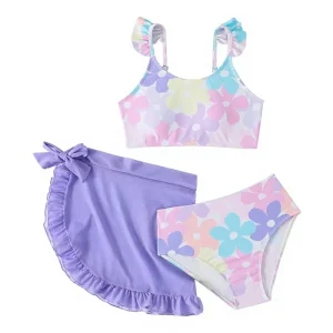 Girls Children 3 Pieces Swimsuit Floral Print Ruffle Set with Skirt Quick Dry Bathing Suit Beach Pool Swimwear