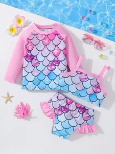 Girls Children Summer Mermaid 3-Piece UPF 50 Long Sleeve Crew Neck Raglan Sun Protection Swimwear Set Factory Direct Low MOQ