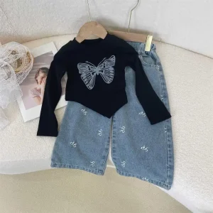 Girls’ Children’s Clothing Set Casual Spring Autumn Style Butterfly Long Sleeve T-shirt + Bow Jeans Two-piece Suit
