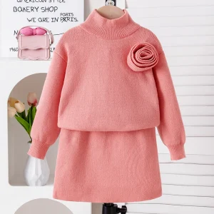 Girls’ Children’s High Collar Solid Color Three-Dimensional Flower Design Polyester Knit Sweater Skirt Two-Piece Set Hip Hop