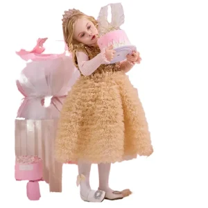 Girls’ Children’s Summer Formal O Neck Lace Princess Cake Ball Gown Satin Eco friendly High end Banquet Birthday Dress