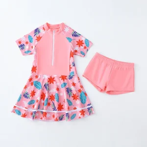 Girls’ Children’s Two Piece Princess Skirt Style Sports Swimsuits Floral Print Hot Spring Swimwear