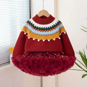 Girls Christmas Sweater, Thickened Red Wool, Warm
