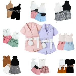 Girls Clothes Set Ribbed Knitted Striped Fashion Sweet Wear Two Pieces Set