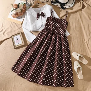 Girl’s Clothing Set Autumn White Long Sleeve Shirt + Brown Polka Dot Slip Dress 2 Pcs Set