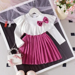 Girls Clothing Set Long Sleeve Pleated Dress with Doll Collar and Bow New Use Clothes