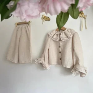 Girls’ Clothing Set Spring and Autumn Linen Casual Flared Sleeve Shirt and Wide-Leg Pants Children’s Two-Piece Set