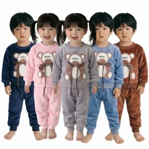Girls Clothing Sets Children’s Flannel Pajamas Home Clothes Casual Warm and Children Baby Sleepwear Suit Fleece Plain Solid