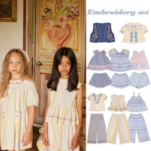Girls Clothing Sets Custom Summer Floral Embroidery Lace Cotton Pastoral Ins Style Short Sleeve Strap Top Set