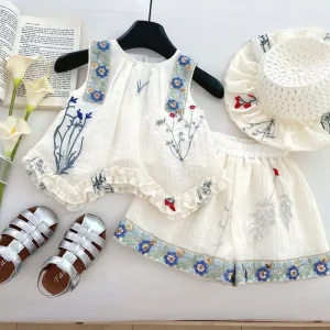 Girls Clothing Sets Girls’ Sleeveless Top and Shorts Two-Piece Set Summer Fashionable Baby Hollow Bow Girls Clothing Sets