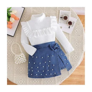 Girls Clothing Sets Winter Ruffled High Collar Vertical Striped Knit Denim Culottes 2Pcs Kids Clothing Children’s Clothing