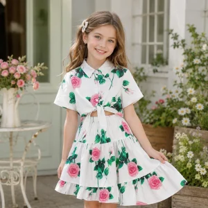 Girls’ Clothing Spring Summer Short Sleeve Lapel Flower Print Shirt+Skirt Casual Two Pieces Set Girl Dress Suit