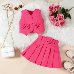 Girls Clothing Suits Set V Neck Bow Vest Top Pleated Skirt Belt 3 Piece Set Girls Outfit Sets Children Clothes