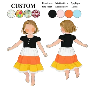 Girls Color Block Tiered Dress Puff Short Sleeve Button Front Lace Hem Casual Dress Kids Spring Summer Outfit