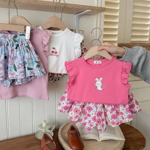 Girls Comfortable Vintage Style Clothing Set Short Sleeve Crew Neck T shirt with Floral Printed Shorts Kids Clothing