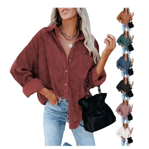 Girls Corduroy Shirt Long Sleeve Plain Button Blouse for Women Casual