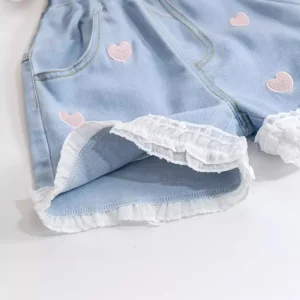 Girls Cotton Denim Shorts Lace Heart Details Elastic Waistband Mid Rise Summer