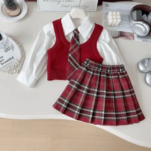 Girls’ Cotton Knitted Long Sleeve Spring Autumn Sets Children’s Tops Vests Skirts College Style Three