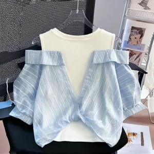 Girls Cotton Loose Off Shoulder Two Piece Blouse Stylish Casual Short Sleeve Tops
