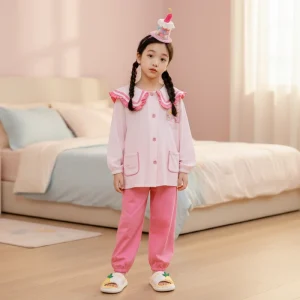 Girls Cotton Pajama Set Long Sleeve Open Front Kids Sleepwear Cartoon Princess Print Children Homewear Nightwear