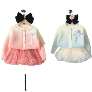 Girls Cotton Pink Blue Sweater + Tutk Skirt 2pcs Set Kids Long Sleeve Knit Top Clothing Sets