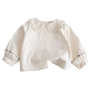 Girls Cotton Shirt Spring and Autumn Floral Lace Long Sleeve Top