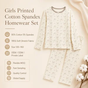 Girls Cotton Spandex Pajama Set 190G Soft Stretch Long Sleeve Homewear Sleepwear 130 160