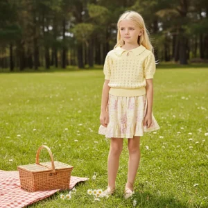 Girls Cotton Summer Sweater with Hollow Lapel Collar Knitted Children Clothing