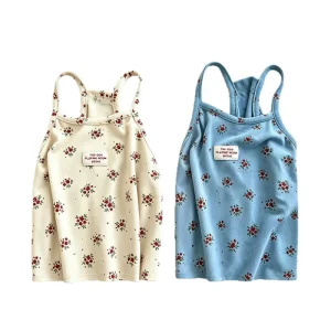 Girls’ Cotton Summer Sweet Floral-Print Pastoral Print Princess Style Camisole Vest Suspender Collar Cute Strap Top for Children