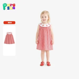 Girls Crawfish Smocked Red Gingham Worsted Cotton Dress Casual Knee-Length Summer Dresses for Children Girls