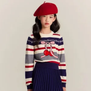 Girl’s Crewneck Knitwear Children’s Retro Sweater Korean Striped Contrast Color Long Sleeve Girls’ Knitted Sweater