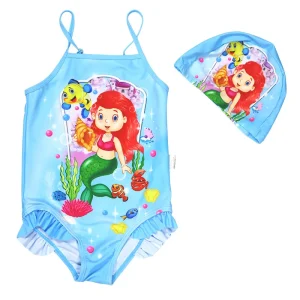 Girls Cute Cartoon Mermaid Style One-Piece Bathing Suit Swim Cap Princess Swimsuit for Toddlers Big Kids