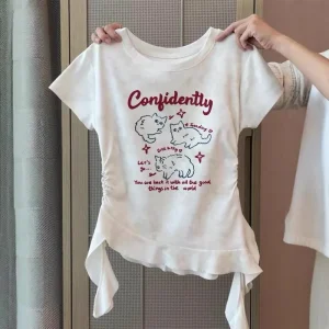 Girls Cute Cat Print Ruched T shirt Knitted Polo Collar Irregular Hem Casual Summer Tee