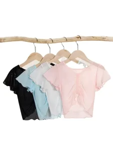 Girls Cute Dance Shirt Children’s Front Shirred Mesh Top with Soft Mesh Blouses Solid Flounce Flutter Sleeves Made Spandex Nylon