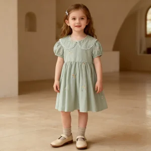 Girls Daisy Embroidery Dress Peter Pan Collar Puff Sleeve Toddler Cute Dress Elegant Party Casual Kids Dress Summer Clothing