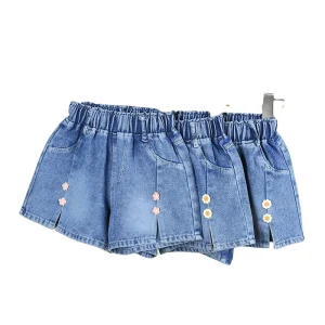 Girls Denim Blue Shorts Stretch Girth Girls Shorts Floral Embellished Girls Denim Shorts for Kids