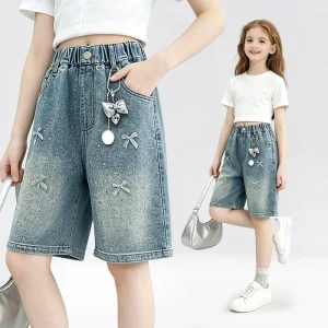 Girls Denim Shorts Kids Casual Loose Wide Leg Jean Shorts with Bow Decor Elastic Waist Summer Fashion for Girls 5-12 Years