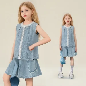 Girls Denim Sleeveless Top and Skirt Shorts Set Kids Lace Trim Two Piece Outfit Children Summer Casual Clothing for Little Girls