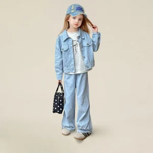 Girls’ Denim Suit Children’s Long Sleeved Trousers Two Piece Set Sportswear Casual Solid Color Clothing Set