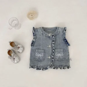Girls Denim Vest Spring and Autumn Children’s Sleeveless Coat Embroidered Bow Fashion Kids Jacket