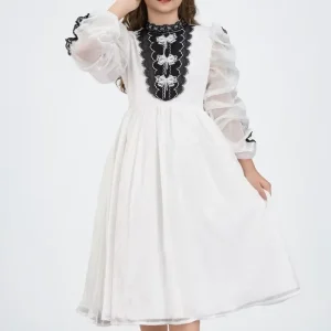 Girls Diamond Princess Dress with Lace Collar Ruffled Mesh Sleeve Formal Party Gown Age 4-20 Decorated Pearls Bow SA5935
