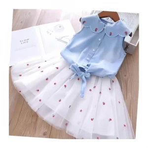 Girls’ Dress Sets Flower Embroidered Lapel Top+Net Yarn Skirt 2PCS Suit Princess Baby Kids Clothes