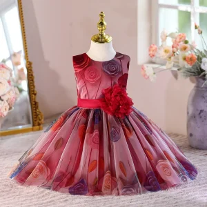 Girls’ Dress for Cross Border Stylish Little Girl Princess Dress with 3D Rose Design