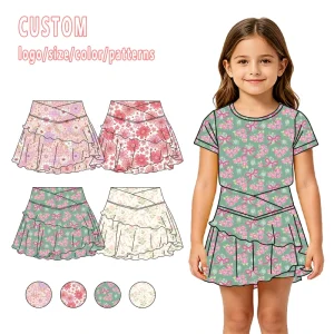 Girls Dresses OEM Custom Toddler Girls Yoga Wear Emerald Rose Pattern Tiered Ruffle Sporty Performance Boutique Dress
