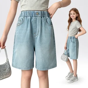 Girls Elastic High Waist Light Wash Denim Bermuda Shorts Kids Loose Wide Leg Knee Length Casual Jean Shorts for Daily Wear