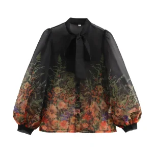 Girls Elegant Women’s Chiffon Blouse with Turn-Down Collar Breathable Summer Shirt for Spring Style Back Logo Blouse