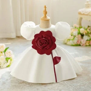 Girls Evening White Dress with Three-dimensional Big Red Flower Party Dresses for Kids for Children Age Group