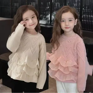 Girls’ Fashion Spring Autumn Winter Princess Outer Top Children’s Clothing Lace Ruffle Knitted Knitwear Pullover Sweater